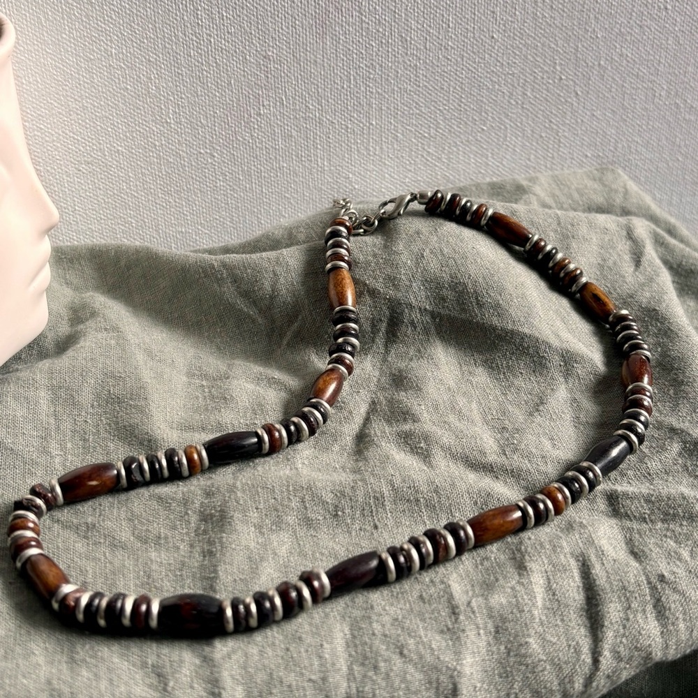Brown Wood and Silver Bead Necklace